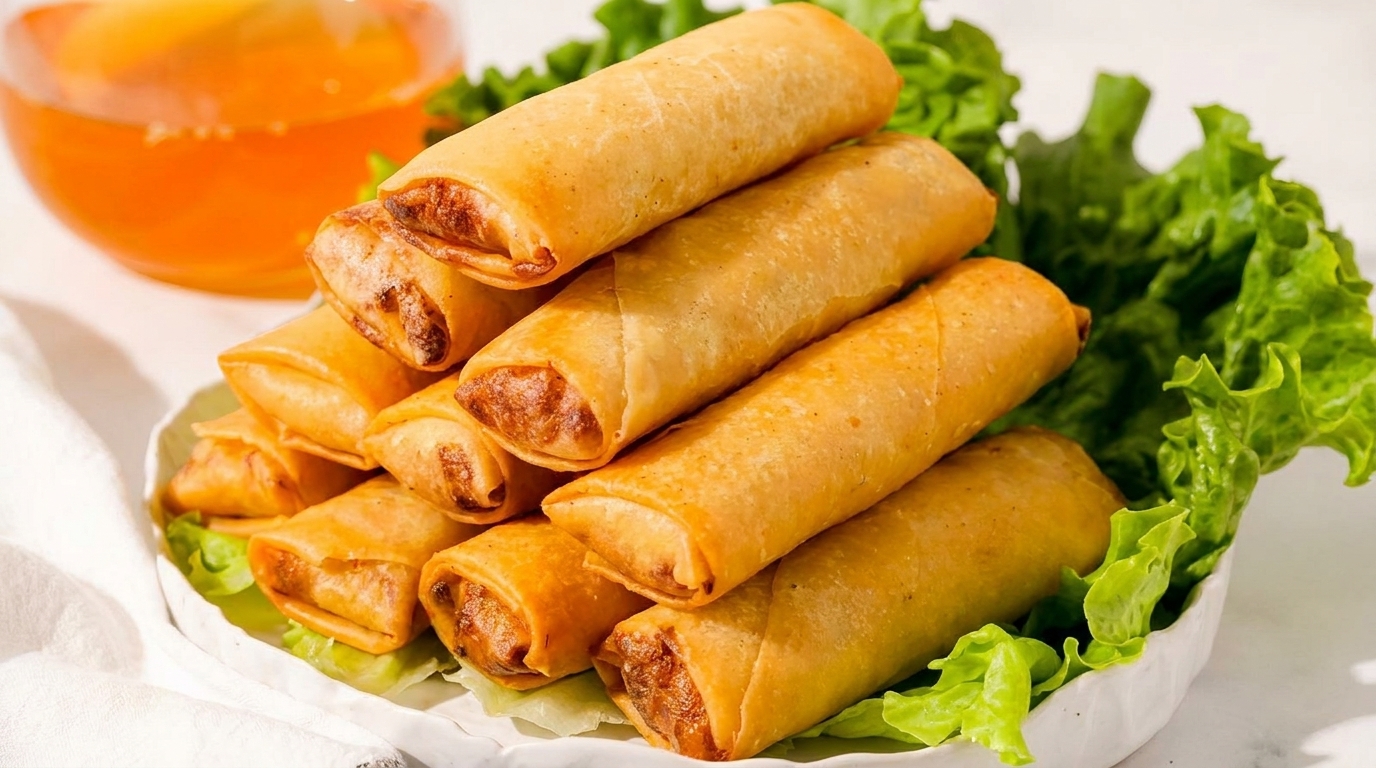 Crispy golden spring rolls piled on a white plate with fresh green lettuce and dipping sauce.