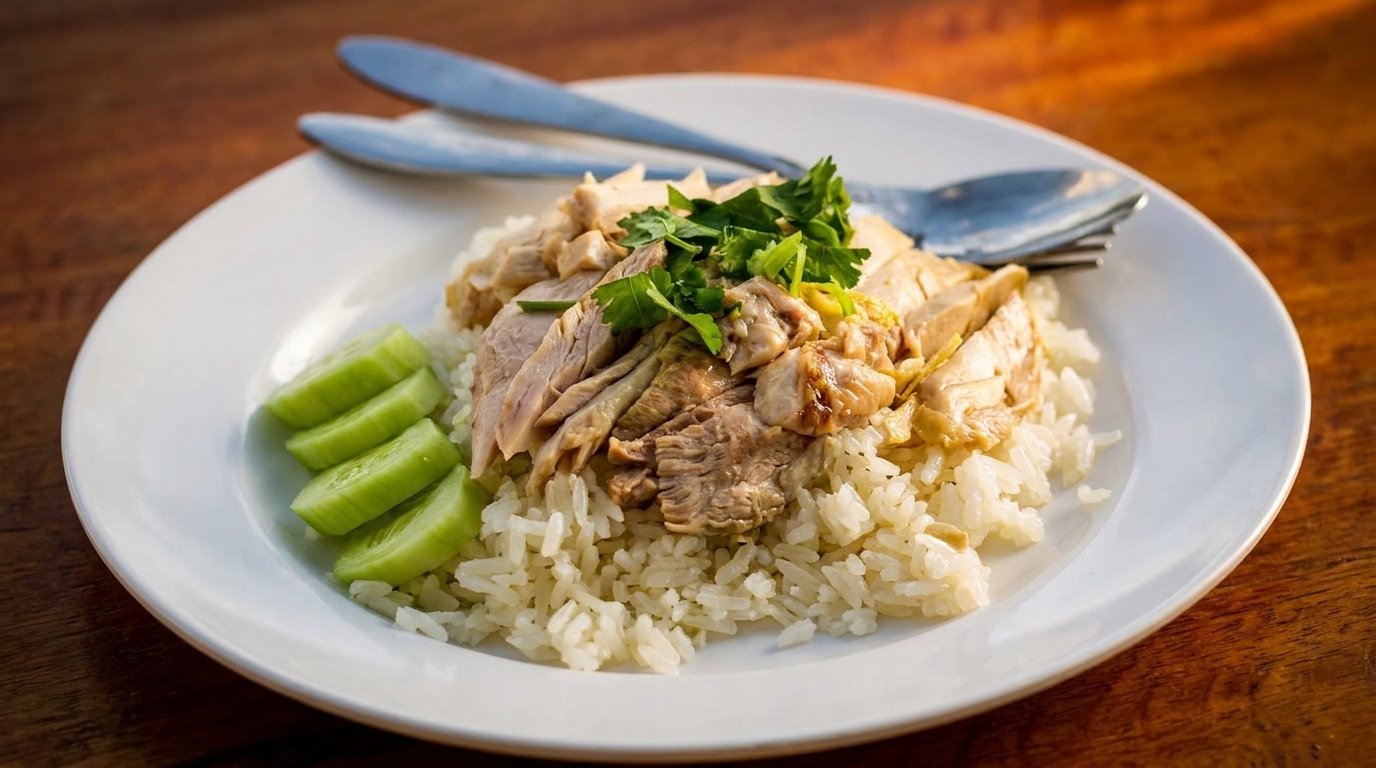 Hainanese chicken rice with sliced cucumbers and cilantro on a white plate with cutlery.