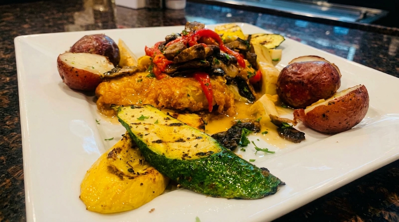 Chicken entree with roasted red potatoes, grilled zucchini, yellow squash, mushrooms, and red peppers.