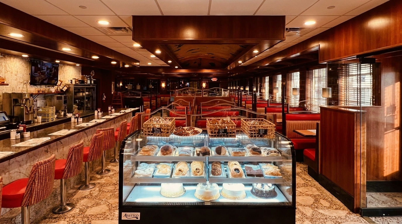 Interior of a diner with a pastry display case, counter seating, and red booths.