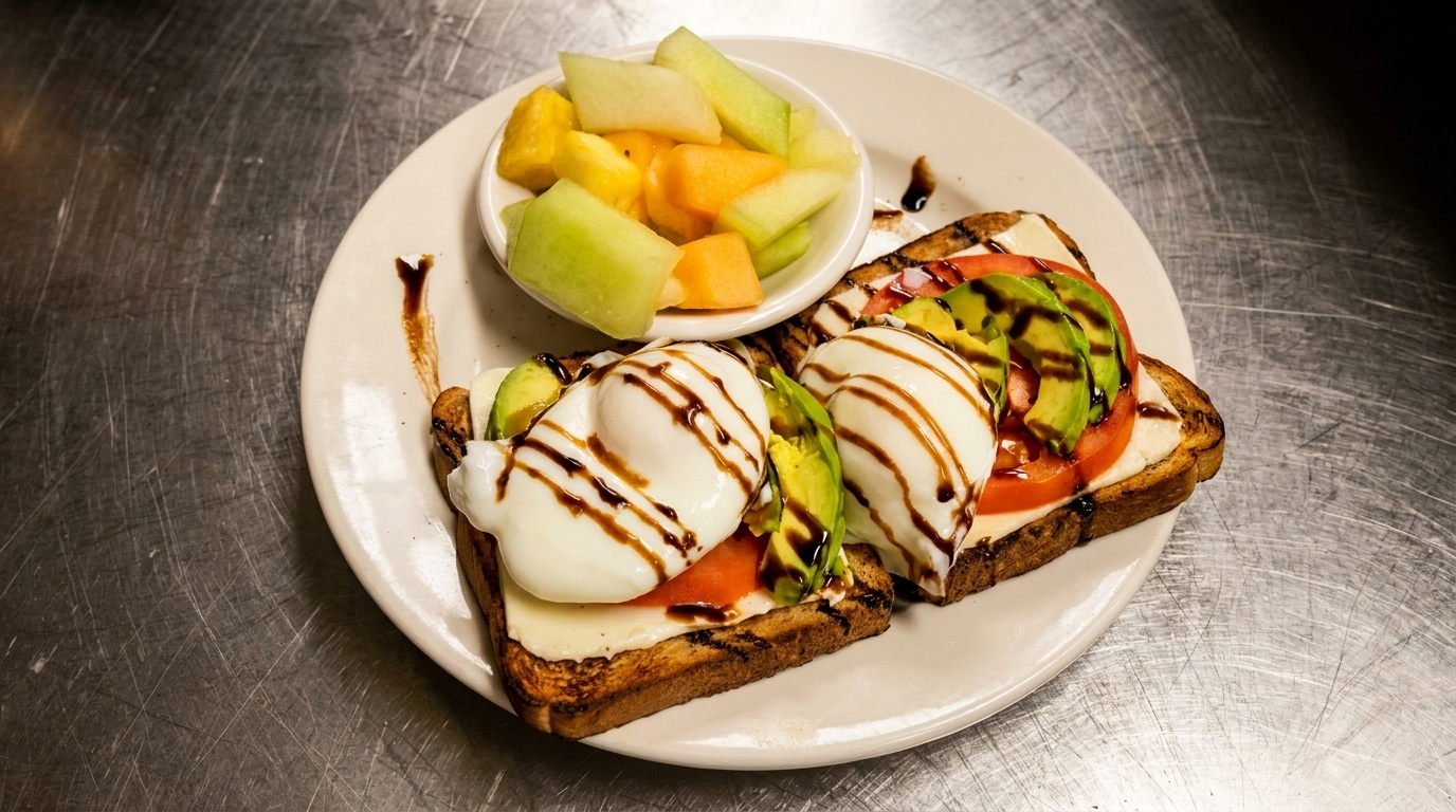 Avocado toast with poached eggs, tomatoes, cheese, balsamic glaze, and a side of fruit.