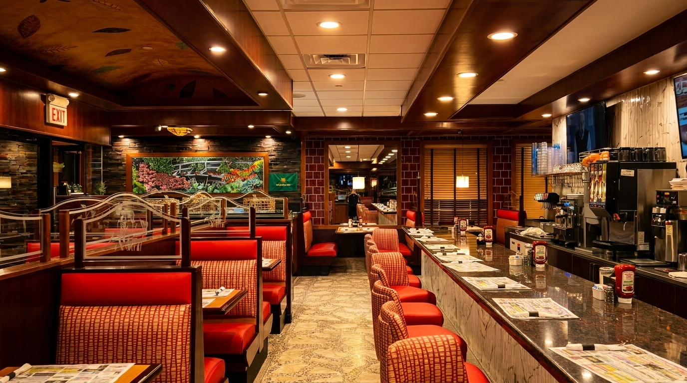 Interior of a diner with red booths, a long counter with stools, and warm lighting.