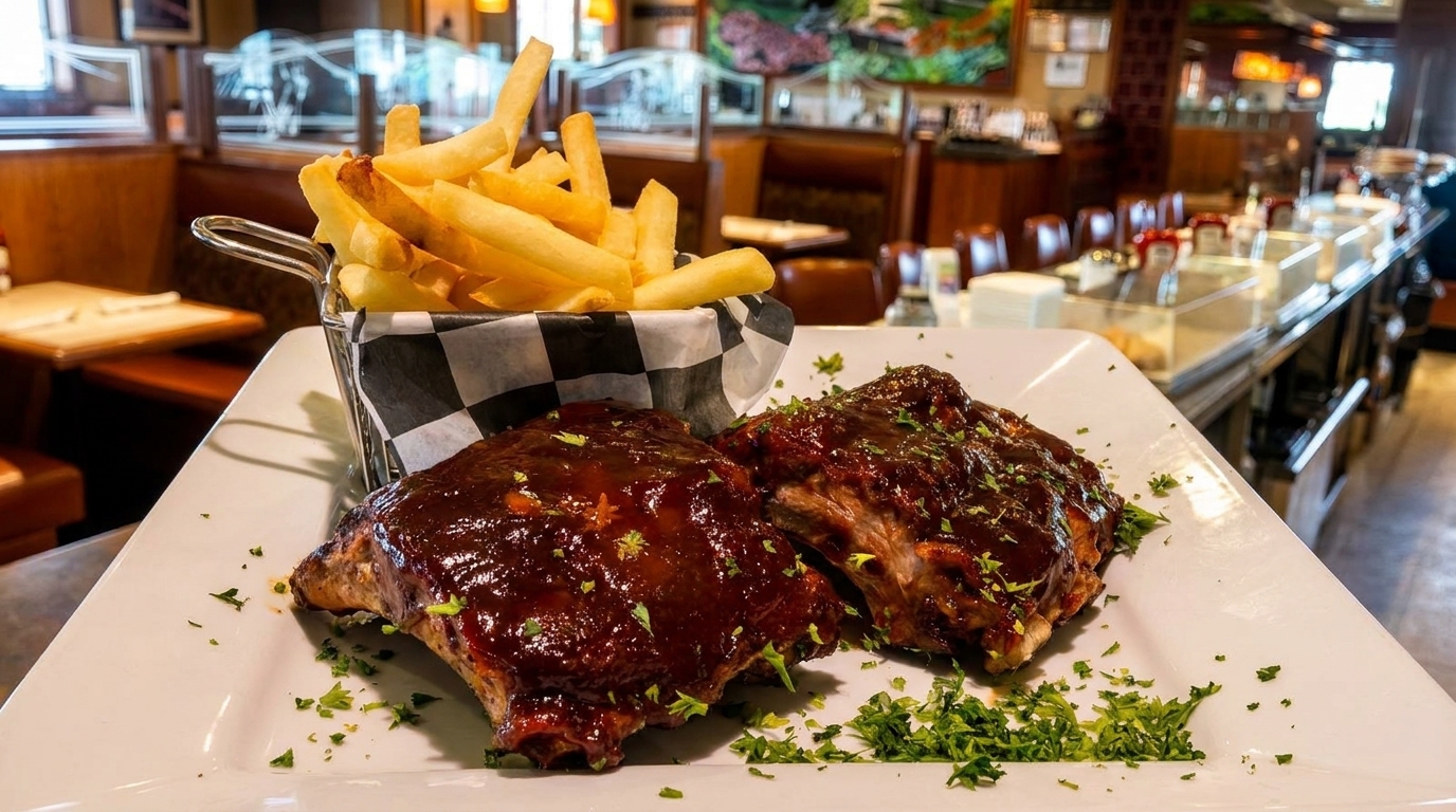Two racks of BBQ ribs with fries in a basket, garnished with parsley, in a restaurant setting.