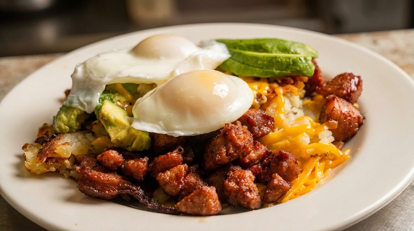 A breakfast plate with two poached eggs, avocado, sausage, bacon, and hash browns.