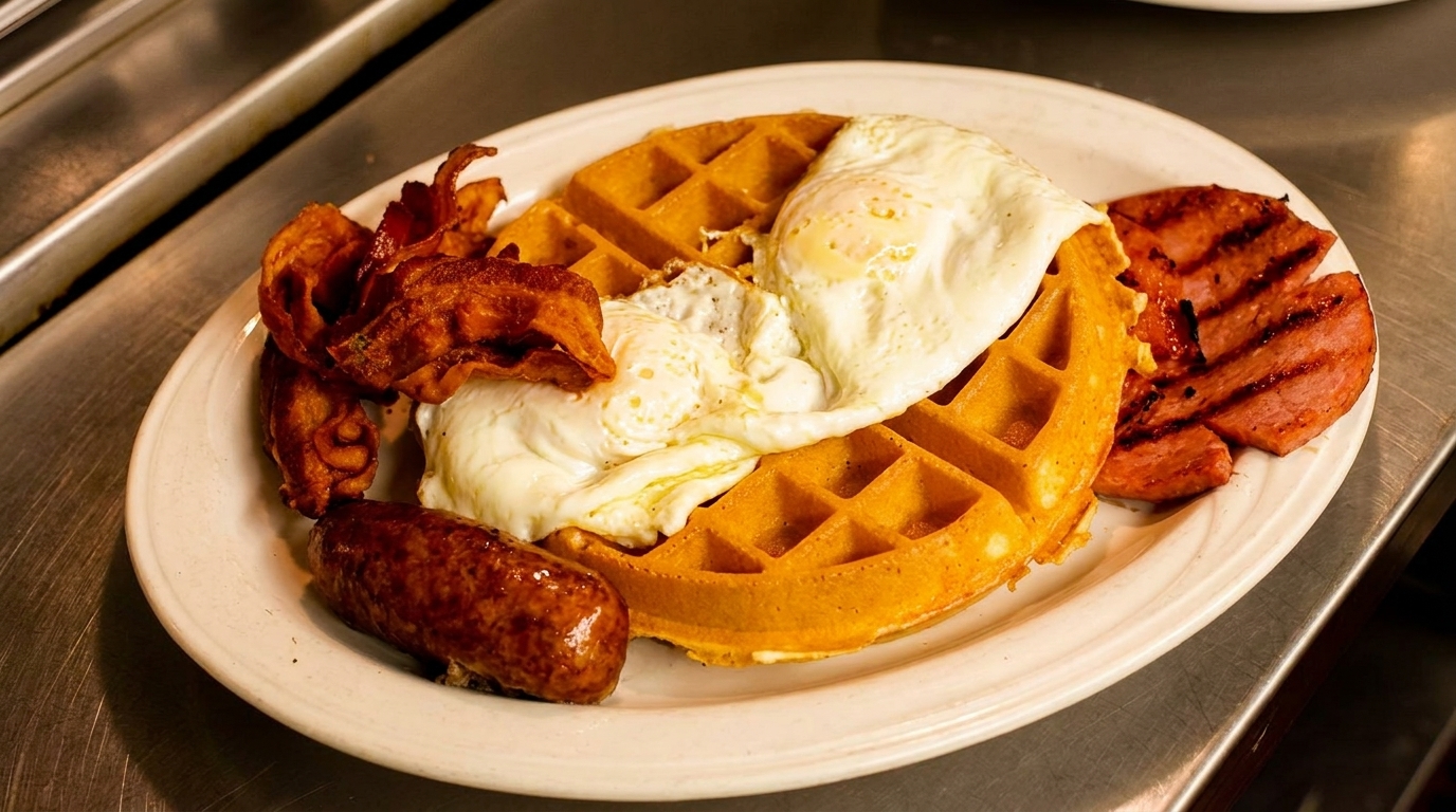 A waffle topped with two fried eggs, crispy bacon, a sausage link, and grilled ham on a white plate.
