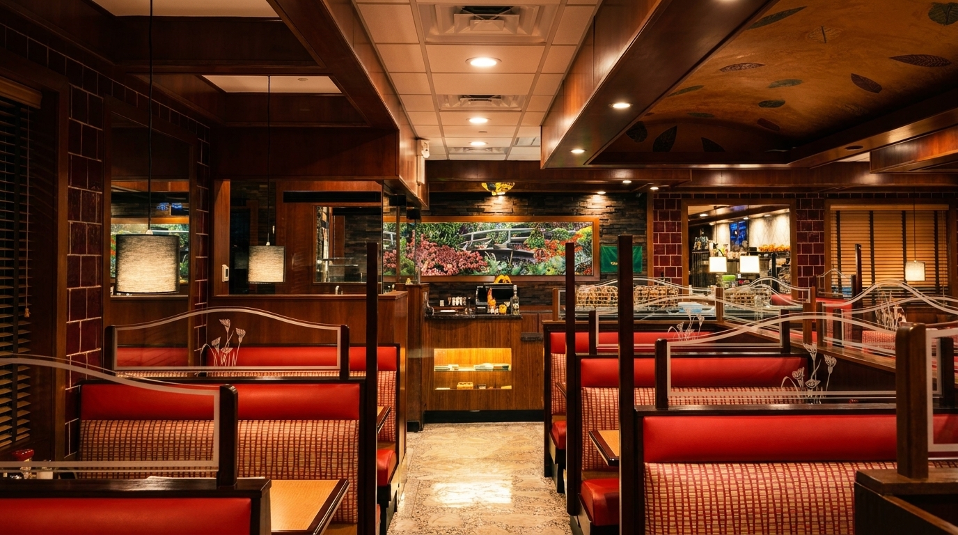 Empty diner interior with red booths, wood paneling, and a large floral mural.