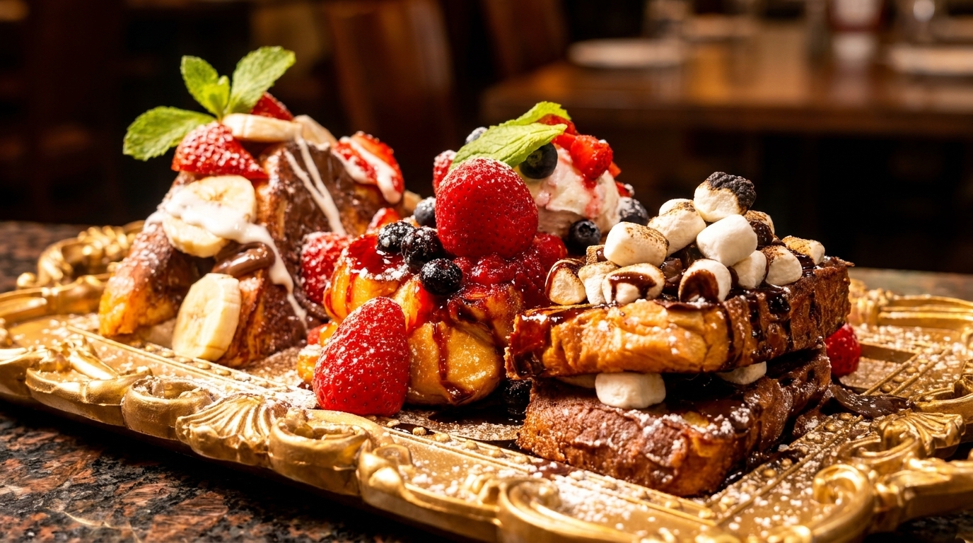 Golden tray with three stacks of French toast, topped with fruit, marshmallows, and chocolate drizzle.