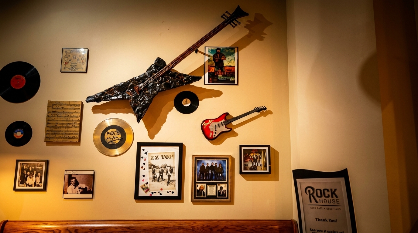 A wall adorned with music memorabilia, including guitars, records, and framed band photos.