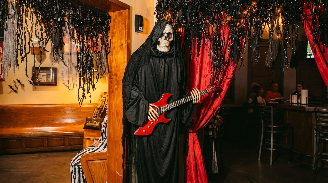 A Halloween-decorated restaurant with a Grim Reaper mannequin holding a red electric guitar.