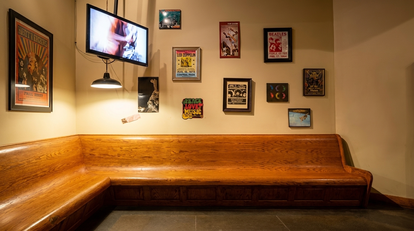 A cozy corner booth with wooden seating, a TV, and music-themed posters on the wall.