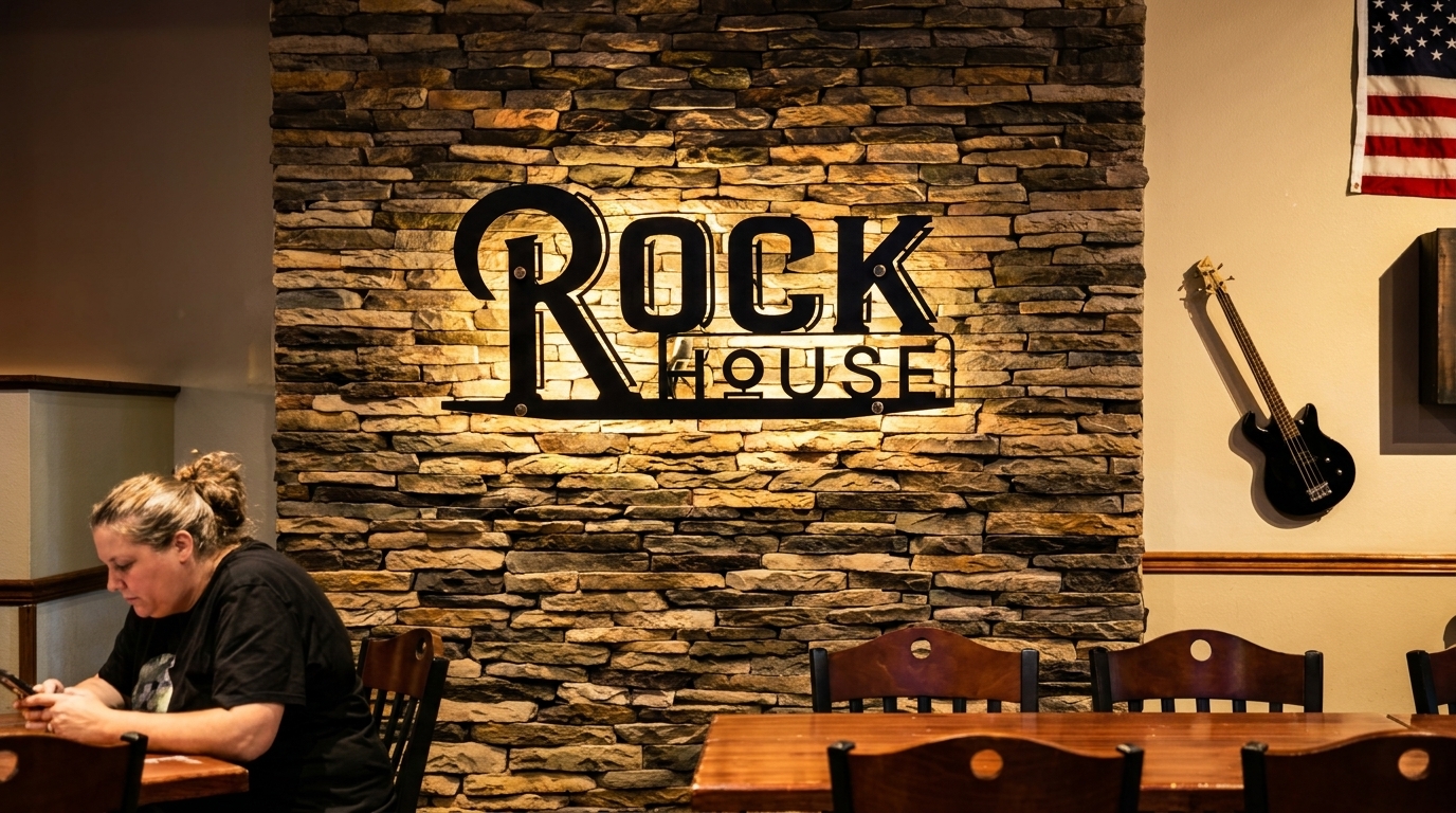 A woman sits at a table in a restaurant with a "Rock House" sign on a stone wall.