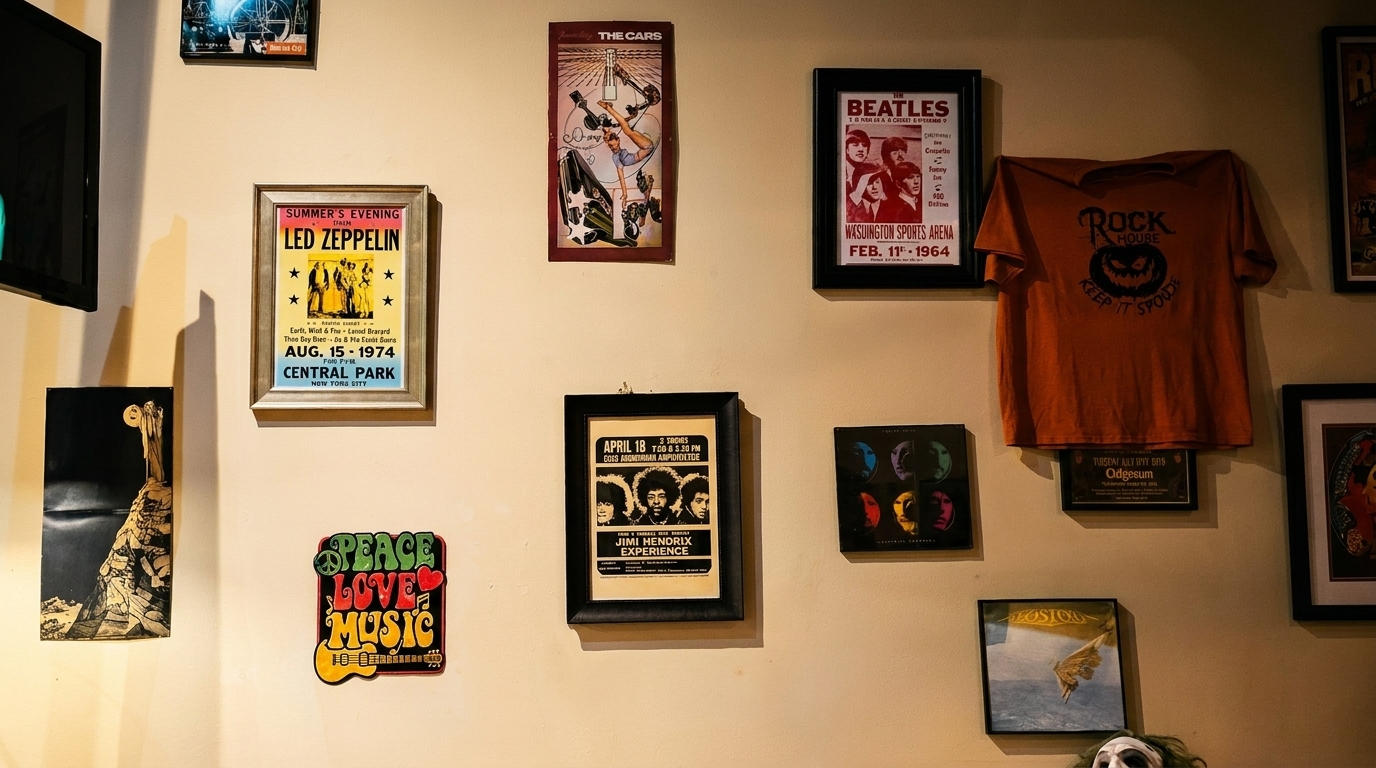 A wall adorned with framed vintage rock band posters, album art, and an orange "Rock House" t-shirt.
