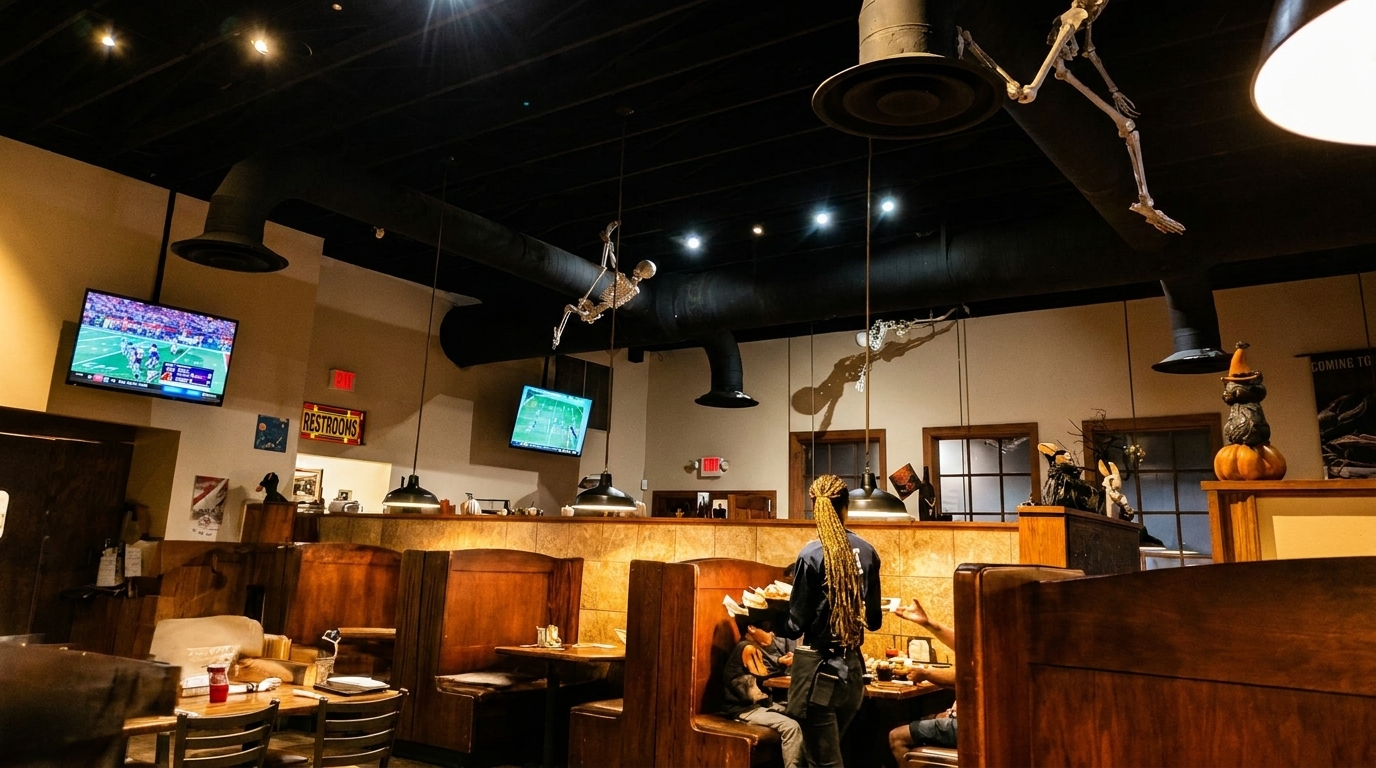 A restaurant dining room with dark wood booths, hanging skeletons, and TVs showing sports.