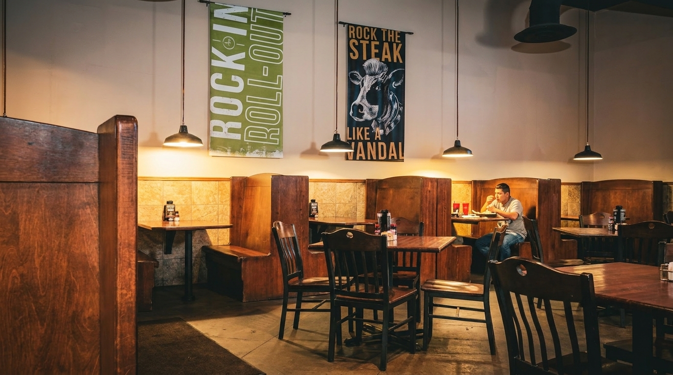A man eats alone in a rustic restaurant with wooden booths, tables, and hanging banners.