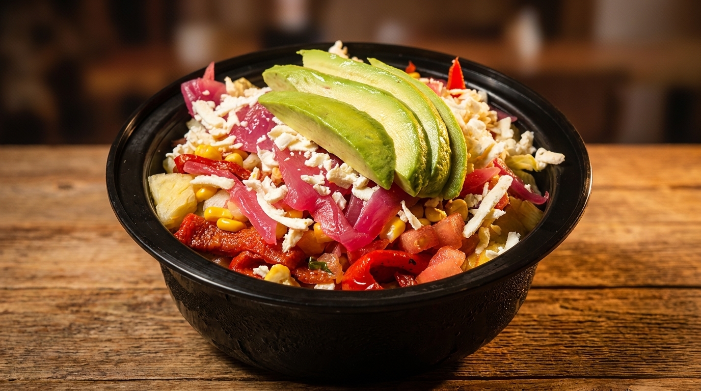 Colorful bowl of salad with avocado slices, pickled onions, corn, and crumbled cheese.
