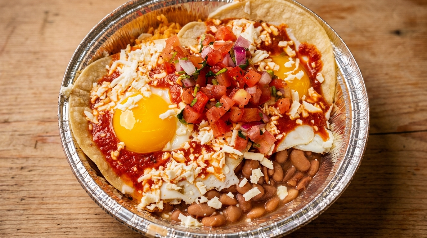 Huevos Rancheros with two fried eggs, salsa, cheese, beans, and rice in a foil container.