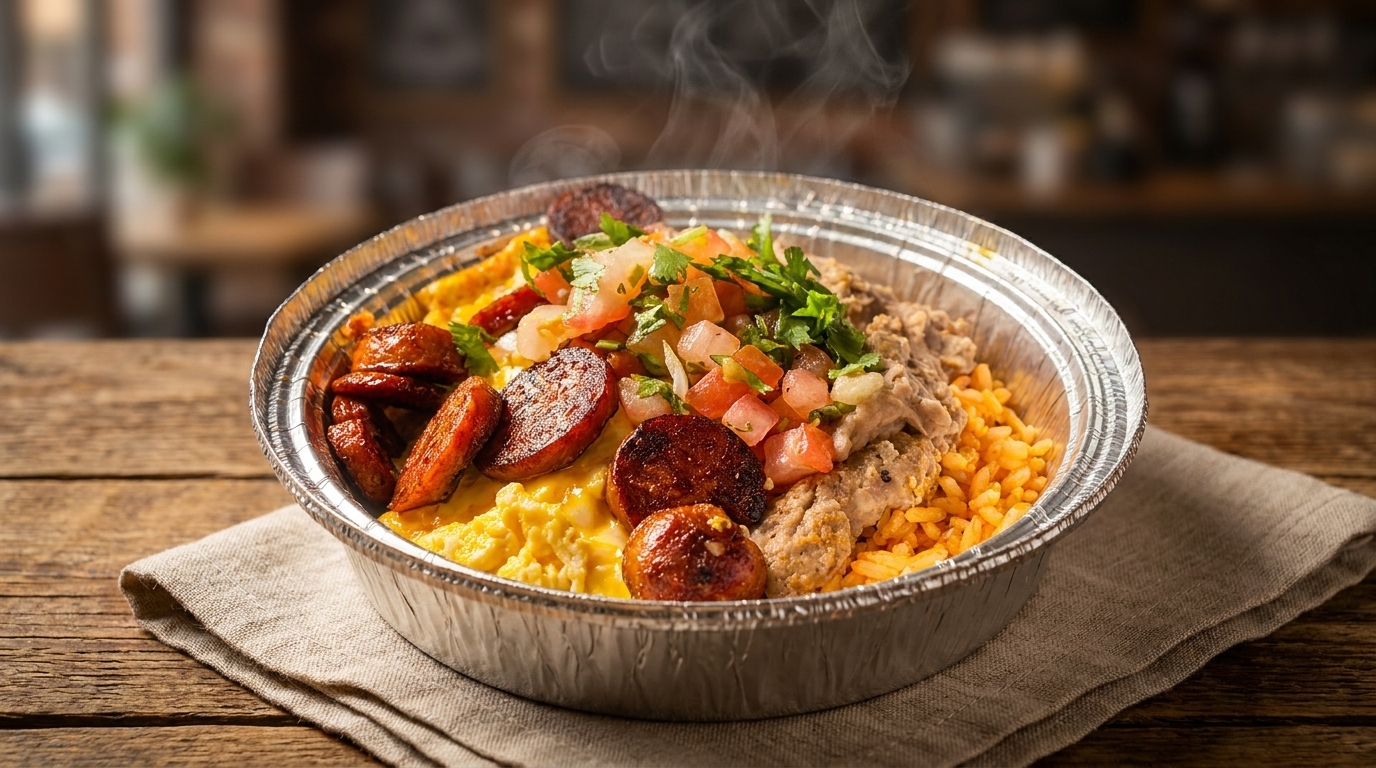 Steaming hot breakfast bowl with scrambled eggs, sausage, rice, beans, and pico de gallo.