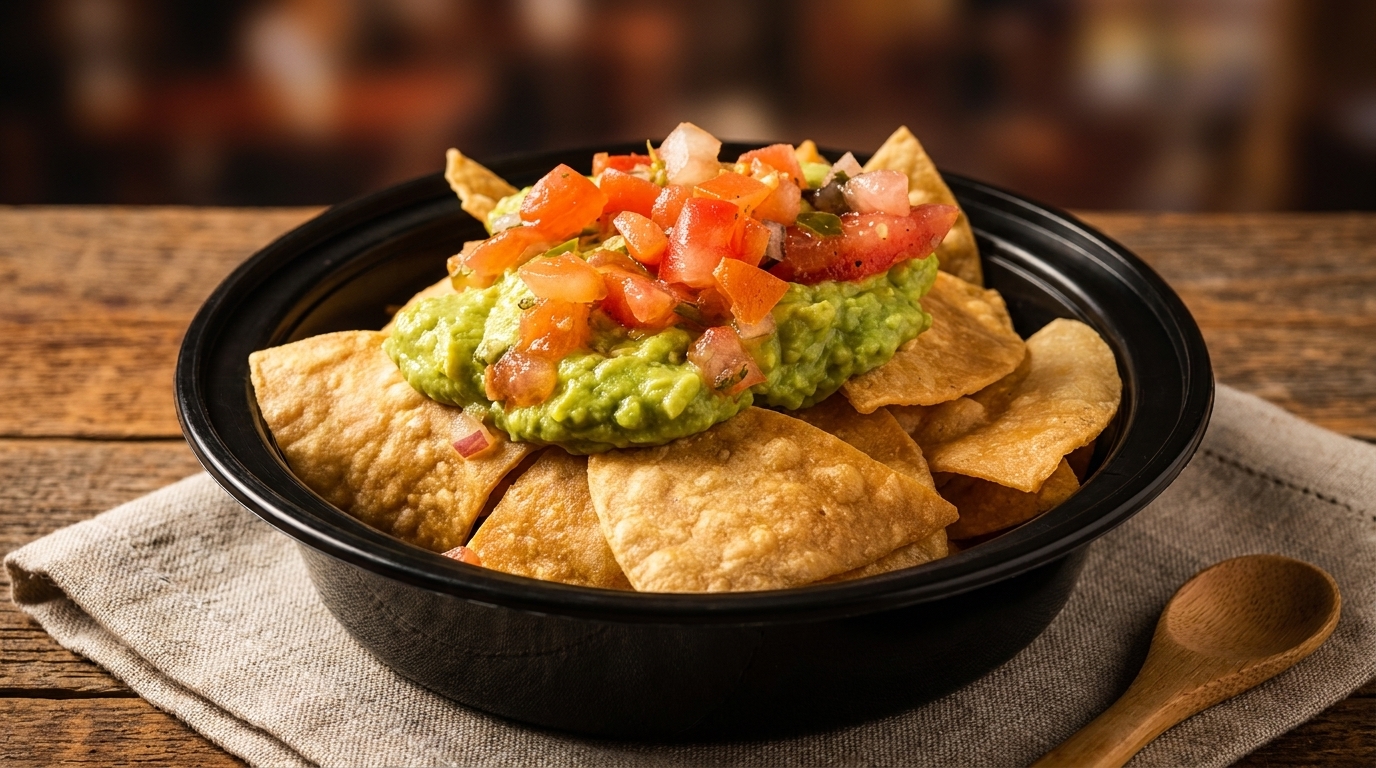 Crispy tortilla chips topped with fresh guacamole and diced tomatoes in a black bowl.