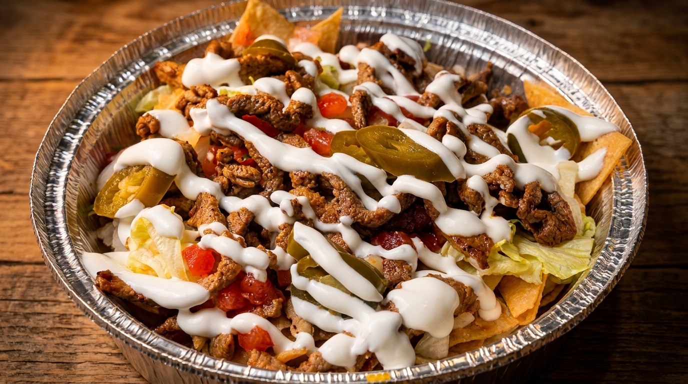 Close-up of a foil container filled with nachos, topped with meat, jalapeños, and sour cream.