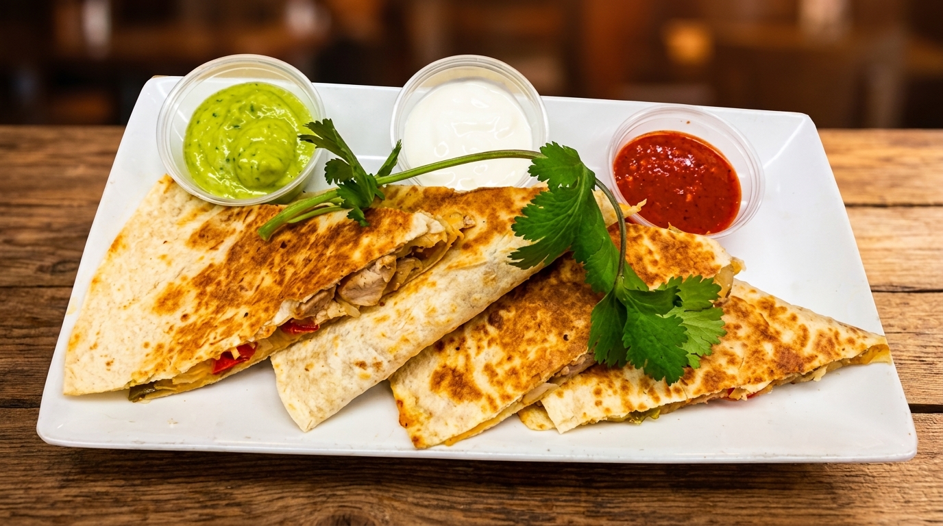 Chicken quesadillas with guacamole, sour cream, and salsa on a white plate.