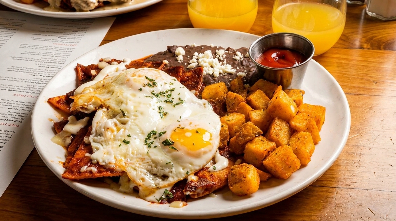 A breakfast plate with chilaquiles, two fried eggs, refried beans, and roasted potatoes.