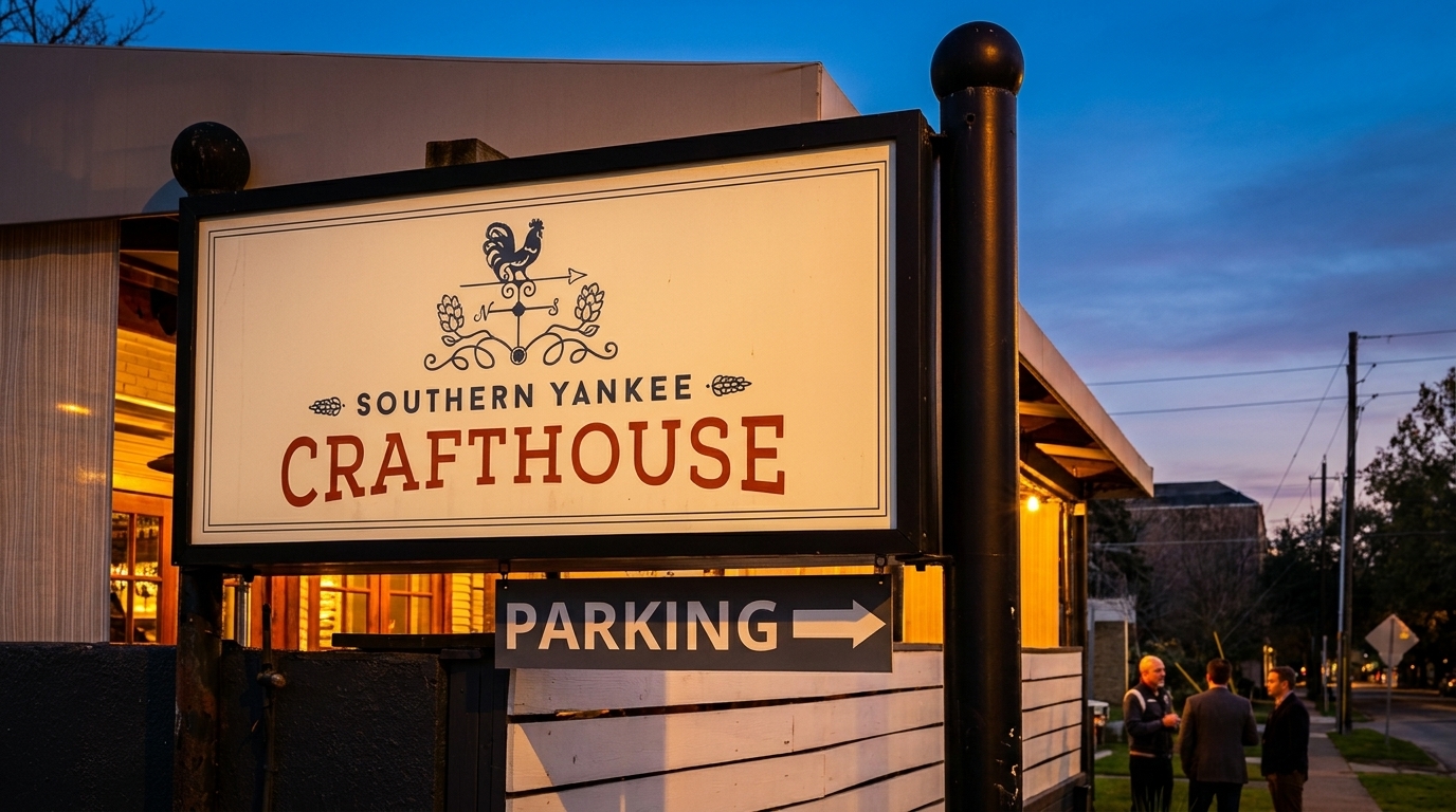 Southern Yankee Crafthouse sign at dusk, with a parking sign and people conversing nearby.