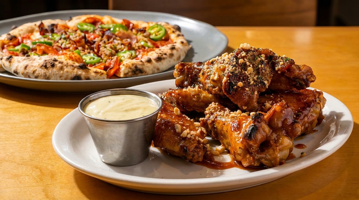 A plate of glazed chicken wings with peanuts and a side of dipping sauce, with a pizza in the background.