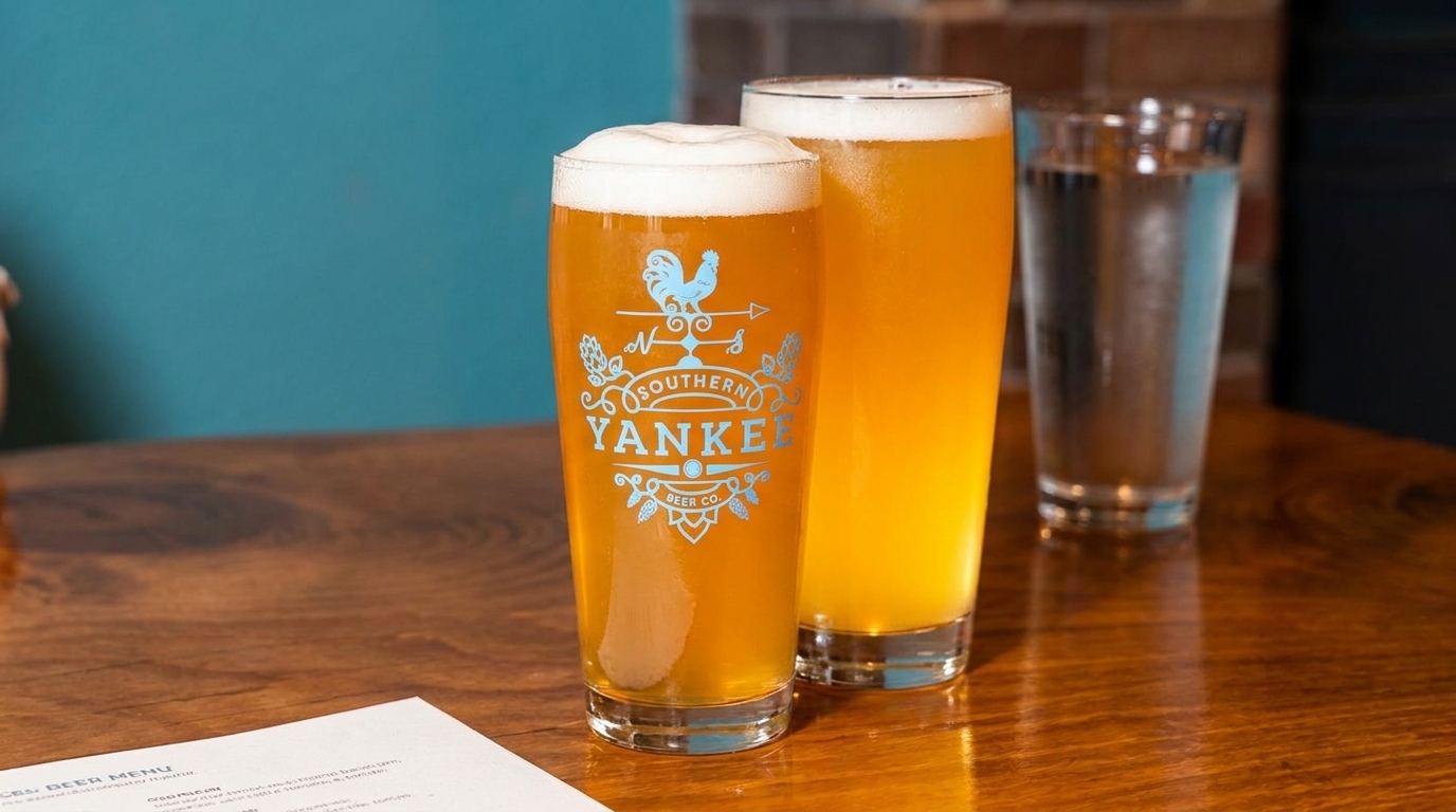 Two glasses of beer, one with a Southern Yankee Beer Co. logo, and a glass of water on a wooden table.