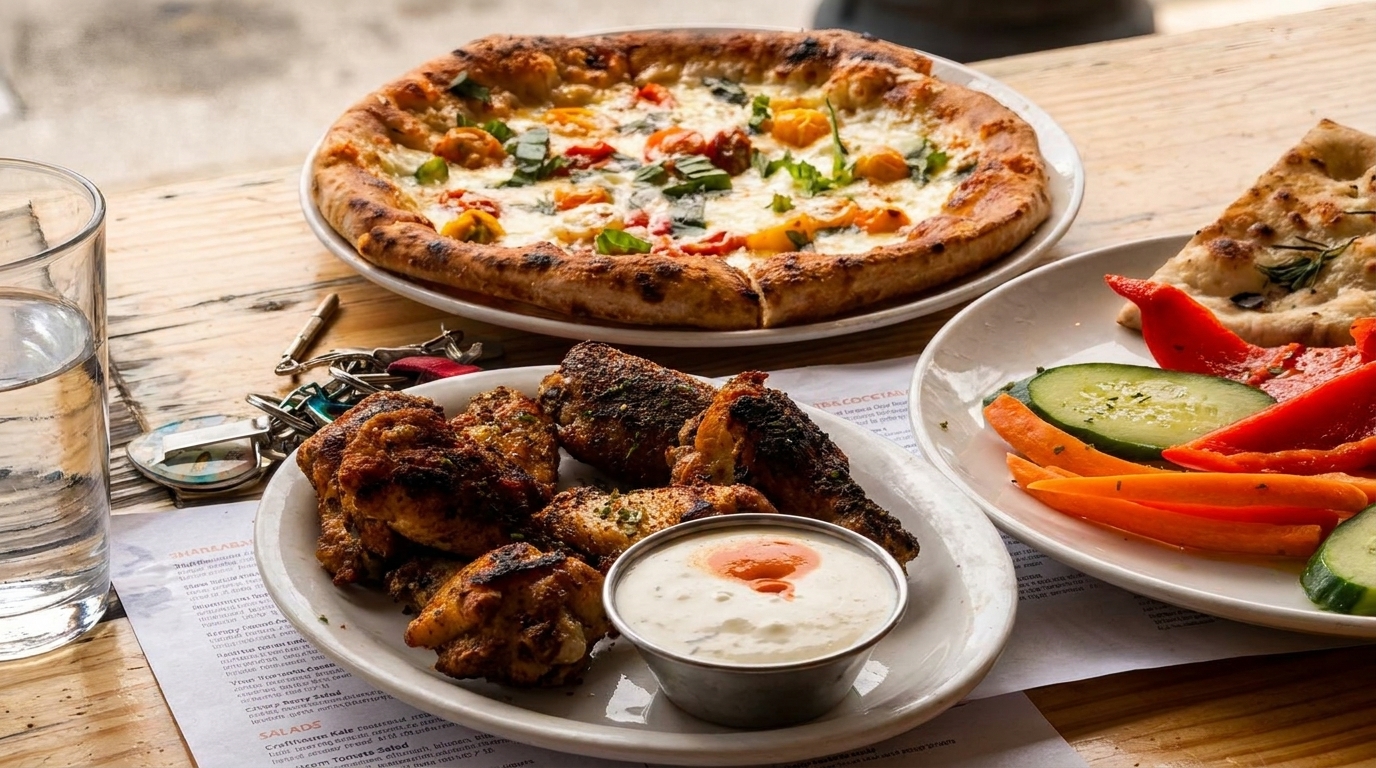 A table with a pizza, chicken wings with dip, and a side of vegetables.