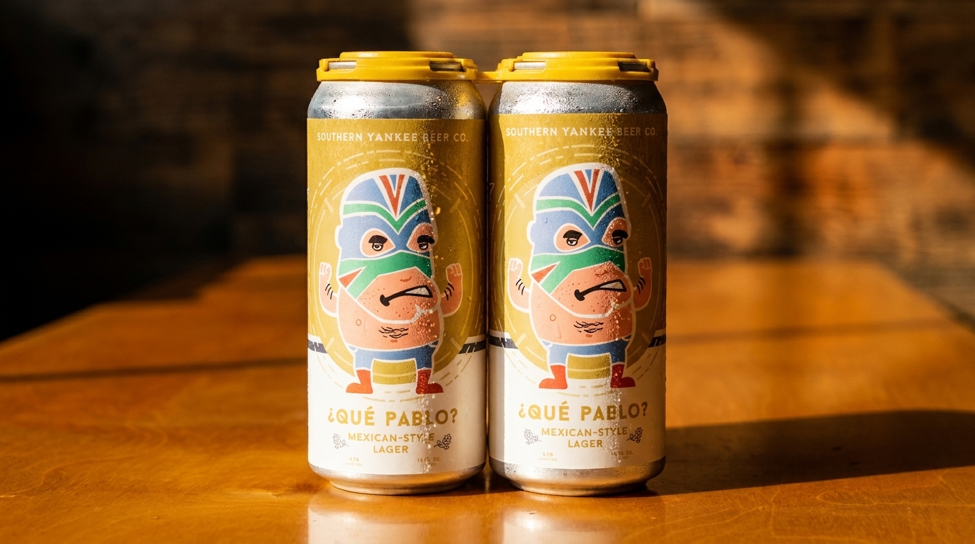 Two cans of Southern Yankee Beer Co. "¿Qué Pablo?" Mexican-style lager on a wooden table.