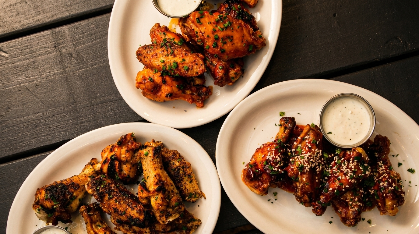 Three plates of chicken wings, each with a different flavor and dipping sauce, on a dark wooden table.
