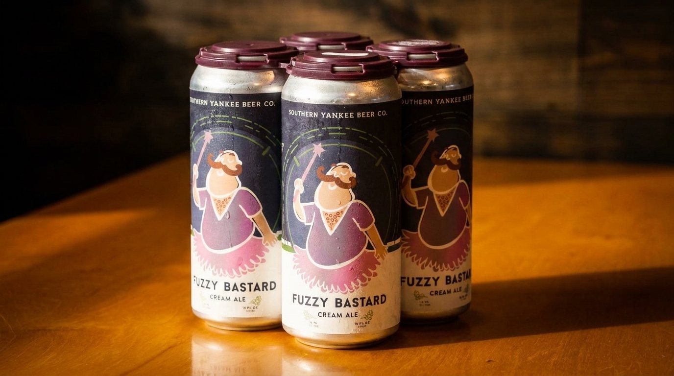 Four cans of Southern Yankee Beer Co. Fuzzy Bastard Cream Ale on a wooden table.