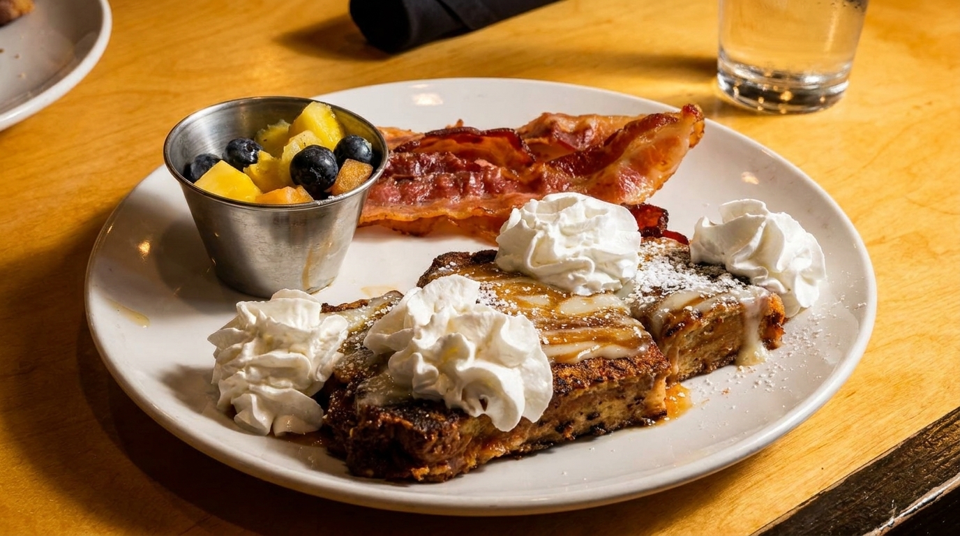 French toast with whipped cream, bacon, and a side of fruit on a white plate.
