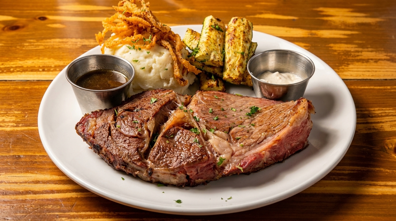 Prime rib steak with mashed potatoes, crispy onions, grilled zucchini, and two dipping sauces.