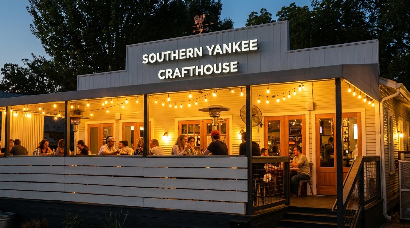 Exterior of Southern Yankee Crafthouse at dusk, with patrons dining on the illuminated outdoor patio.