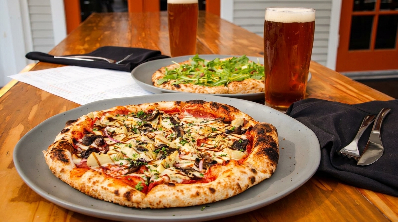 Two pizzas and two glasses of beer on a wooden table, with one pizza in the foreground.