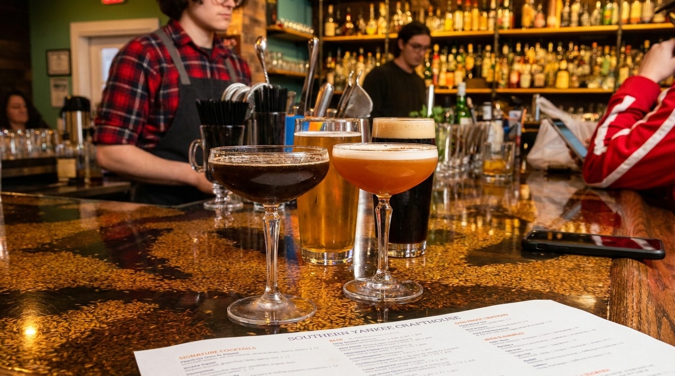 Cocktails and beers on a bar counter with a menu, bartender, and patrons in the background.