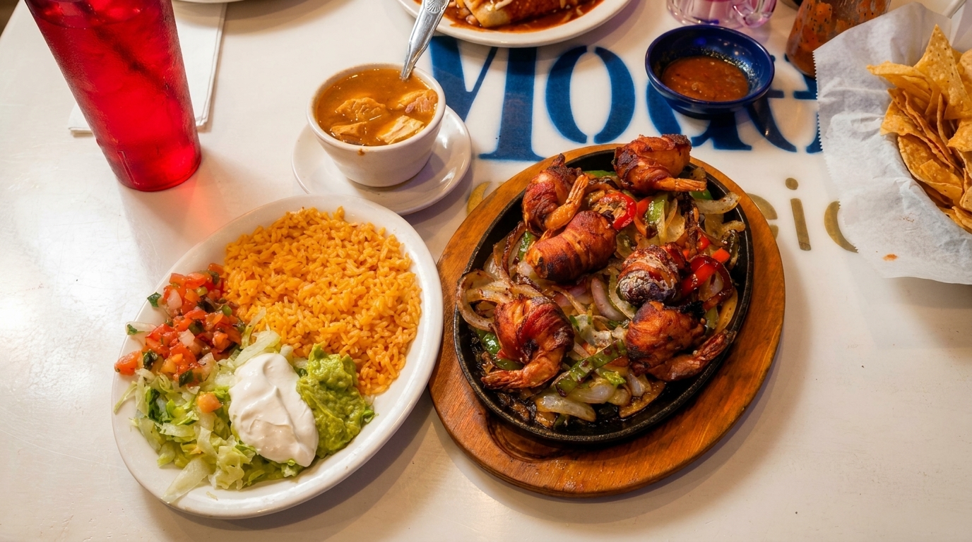 Bacon-wrapped shrimp fajitas on a sizzling platter with rice, guacamole, salsa, and chips.