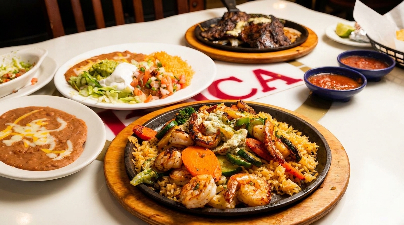 Table laden with Mexican dishes: shrimp fajitas, steak, refried beans, rice, guacamole, and salsa.