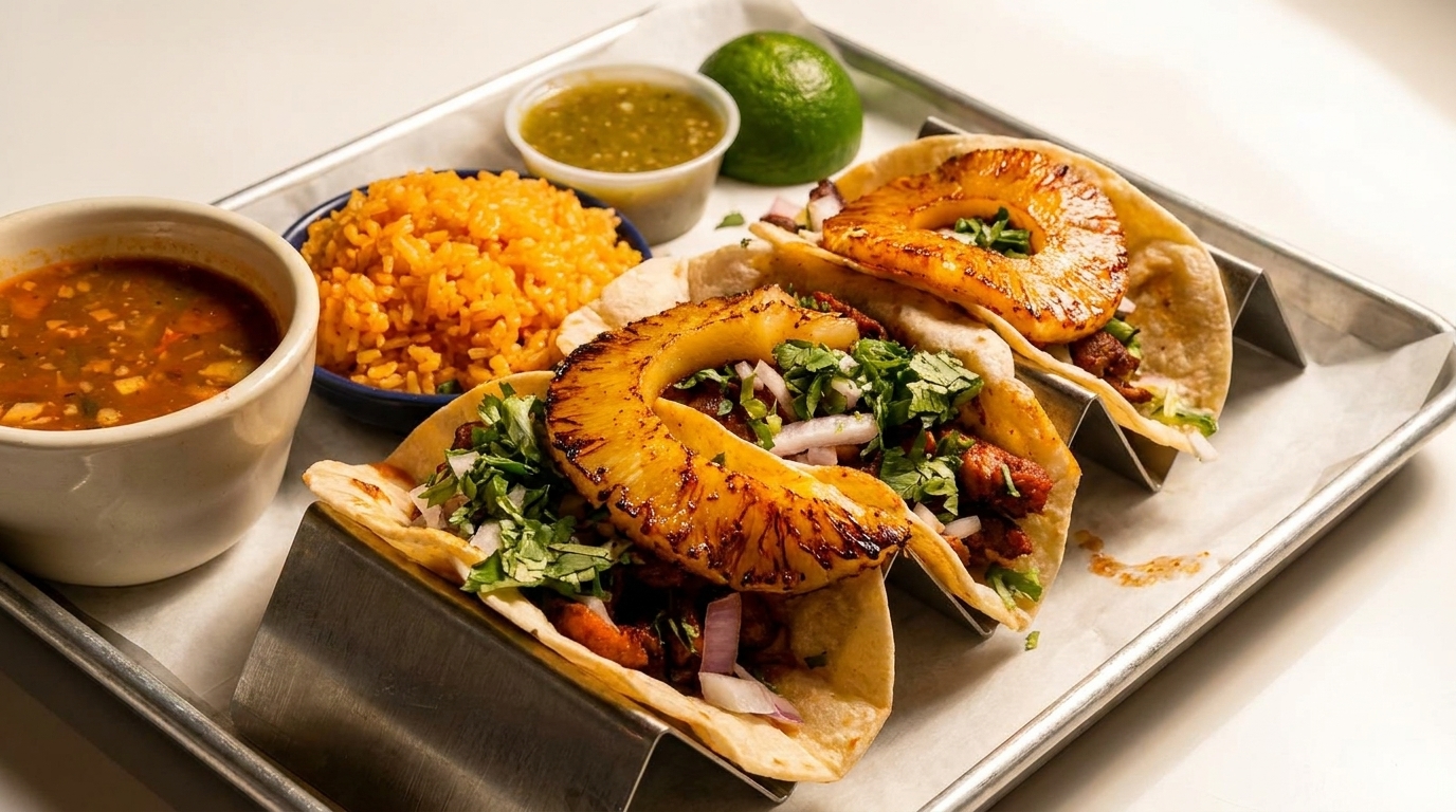 Three al pastor tacos with grilled pineapple, rice, soup, salsa, and lime on a metal tray.
