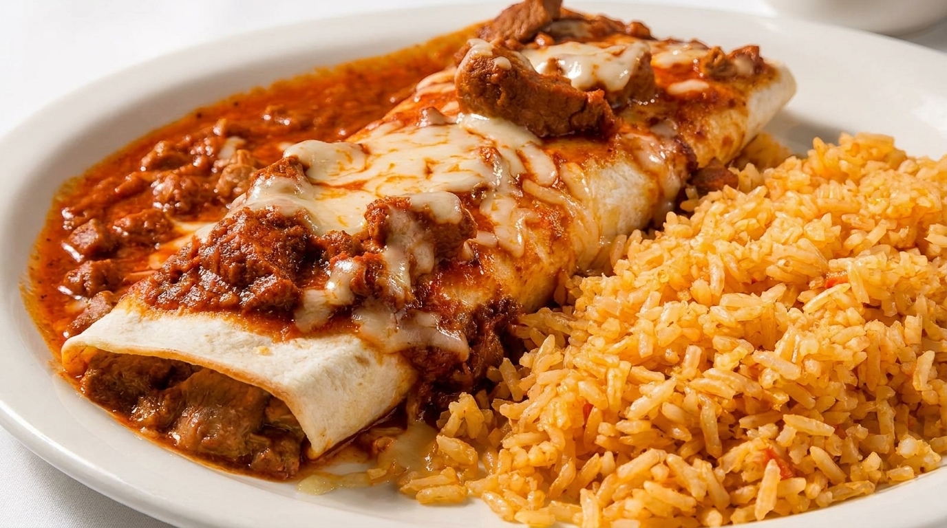 A plate of a smothered burrito with melted cheese and red sauce, served with Spanish rice.