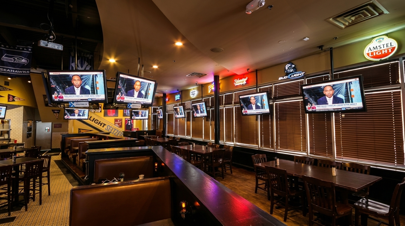 Sports bar interior with multiple TVs showing a news broadcast, booths, tables, and window blinds.