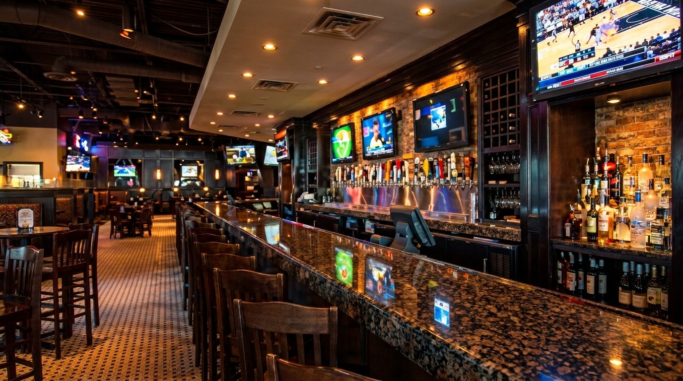 Spacious sports bar interior with a long granite bar, multiple TVs, and various seating areas.