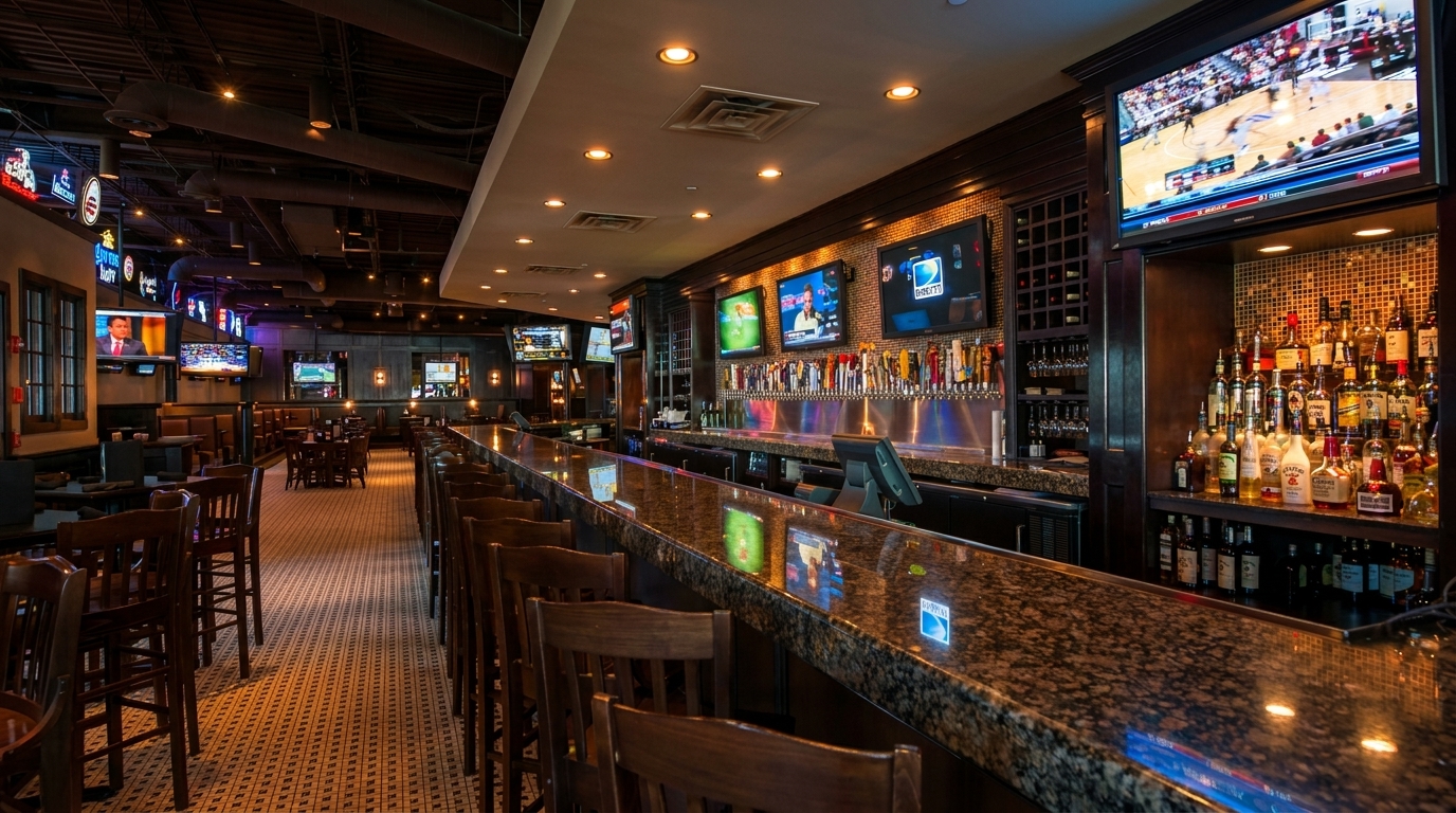 Spacious sports bar interior with a long granite bar, multiple TVs, beer taps, and dining tables.