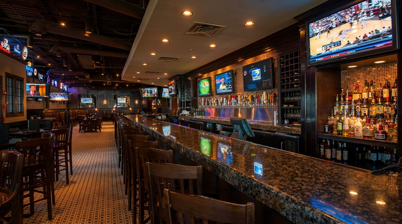A spacious sports bar with a long granite bar, numerous TVs, and a well-stocked liquor shelf.