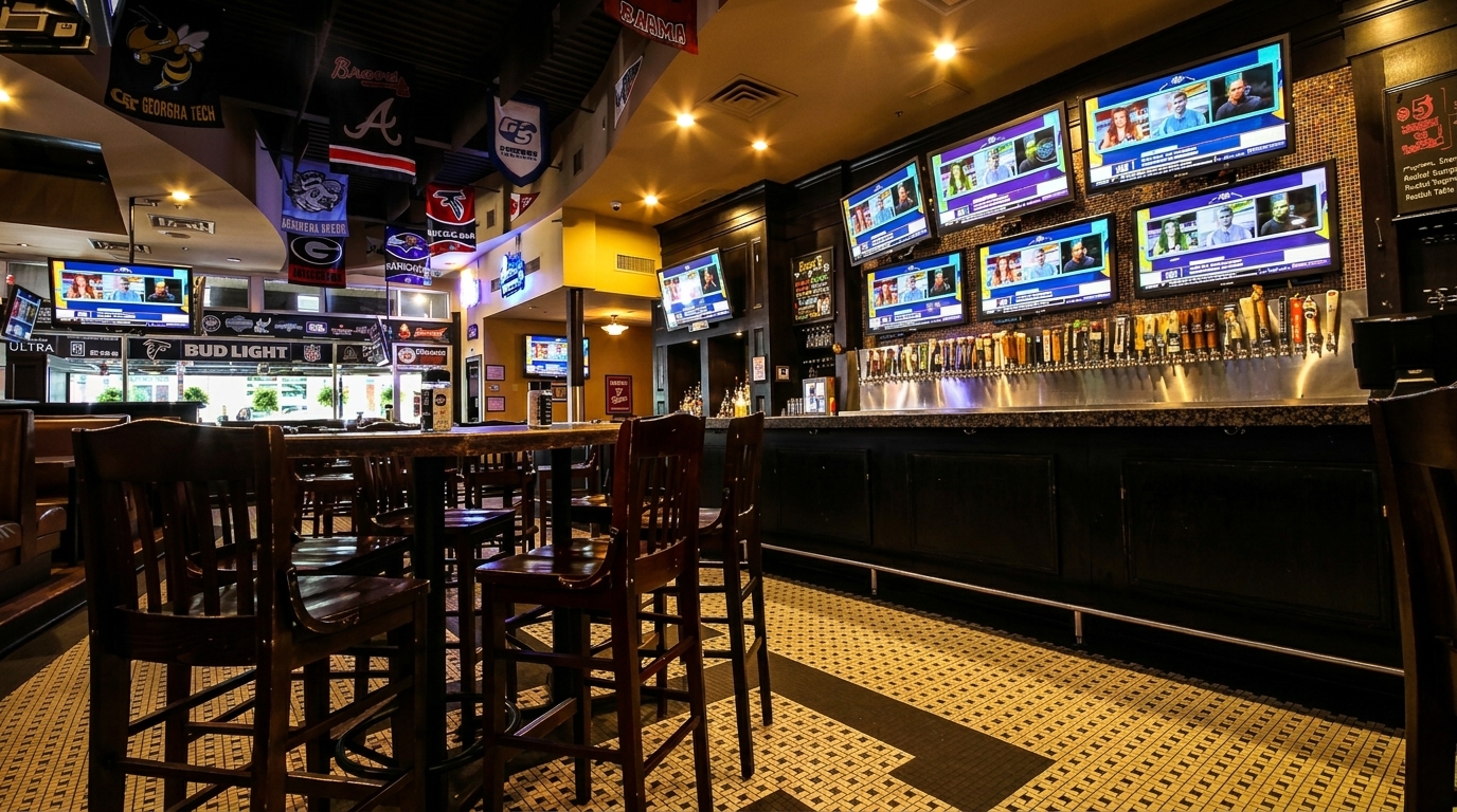A sports bar interior with multiple TVs showing sports, a long bar with beer taps, and high-top tables.