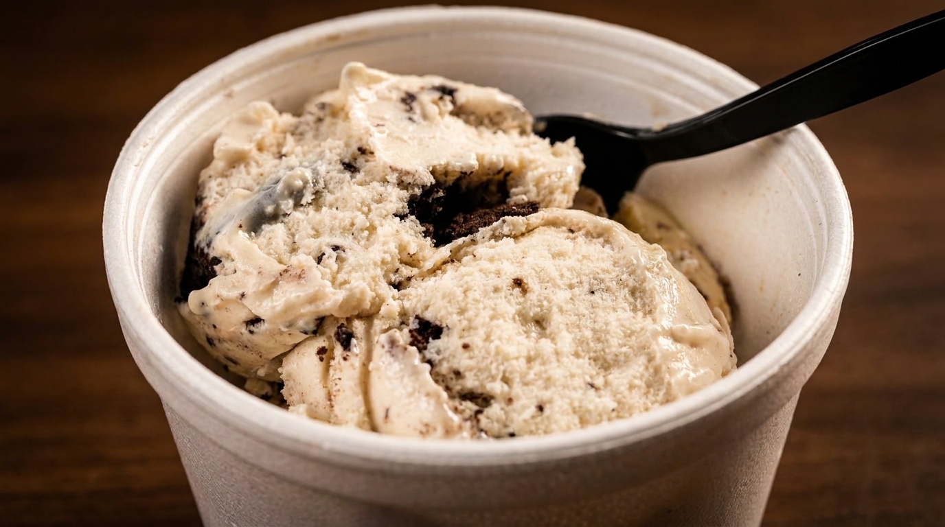 A white cup filled with cookies and cream ice cream and a black spoon.