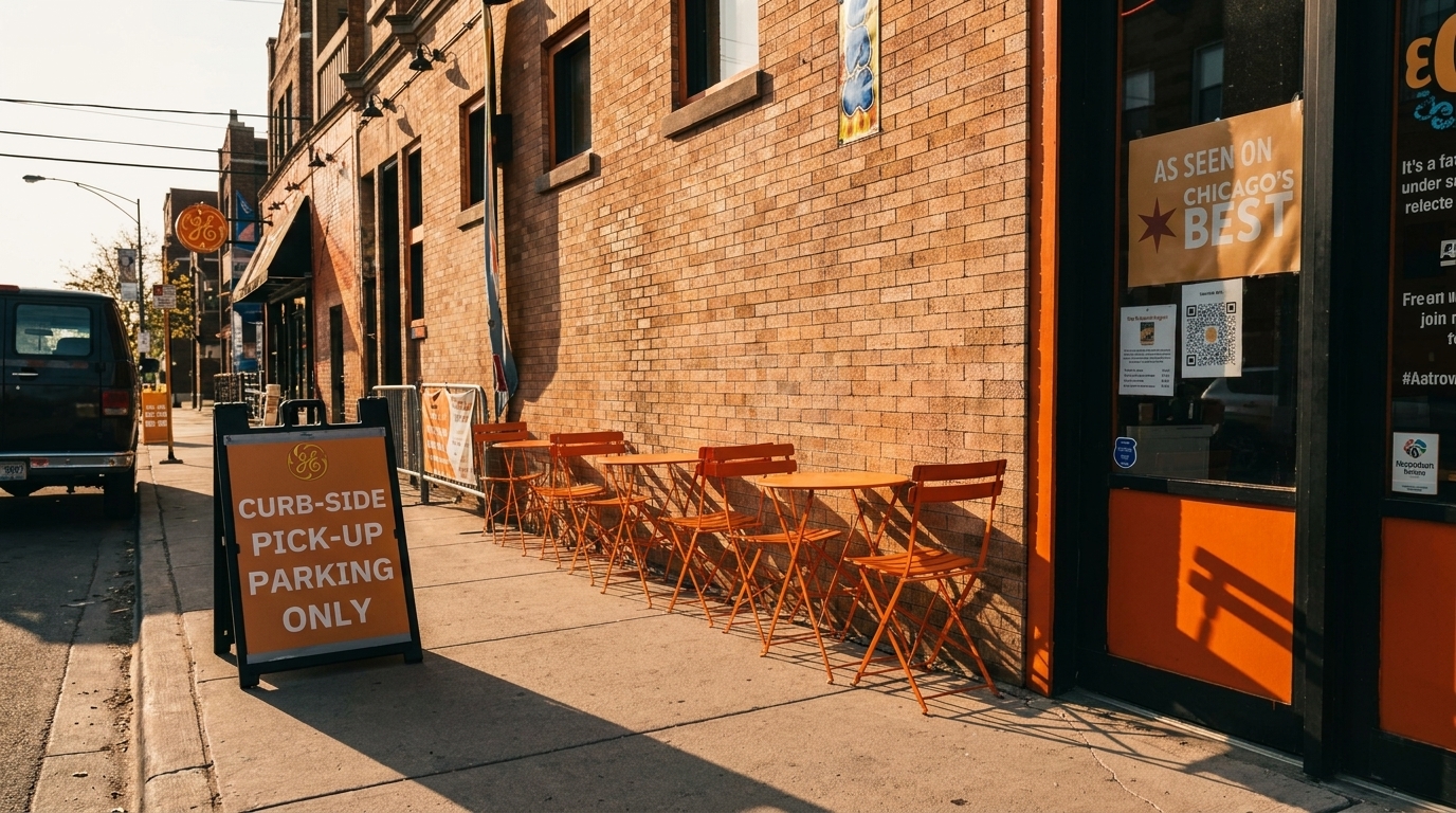 Orange outdoor tables and chairs line a brick restaurant exterior with a "Curb-Side Pick-Up" sign.