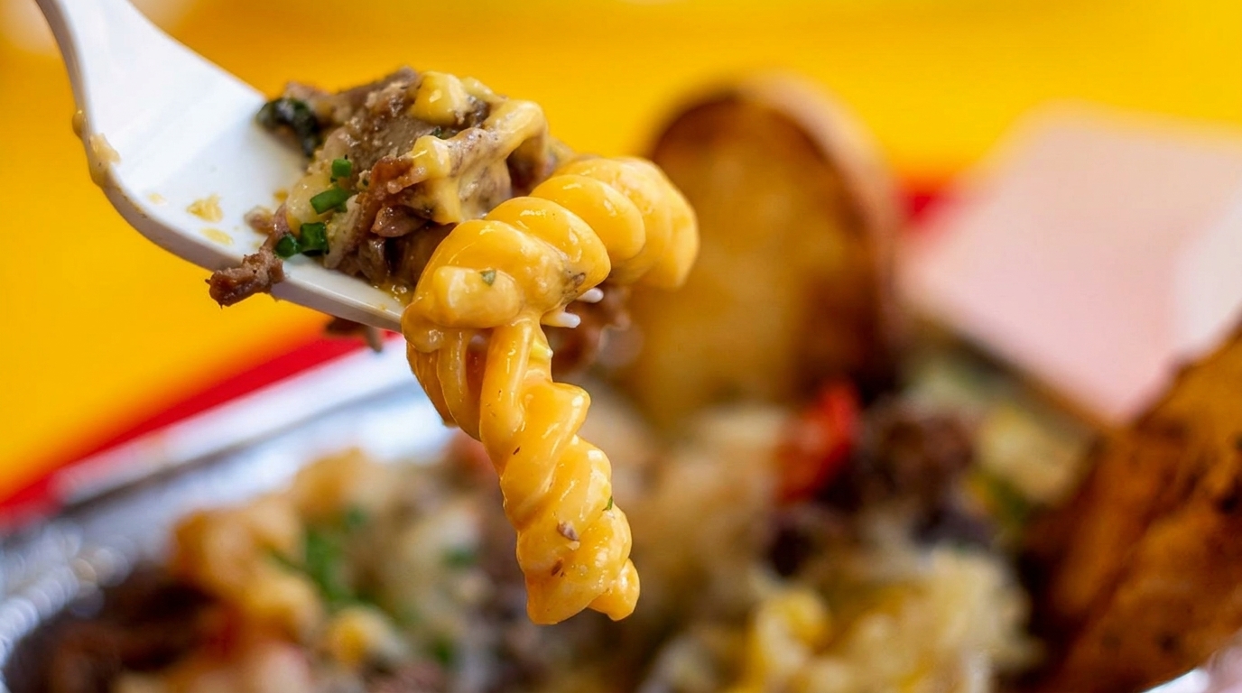 A fork lifts cheesy macaroni and beef from a dish, with a bright yellow background.