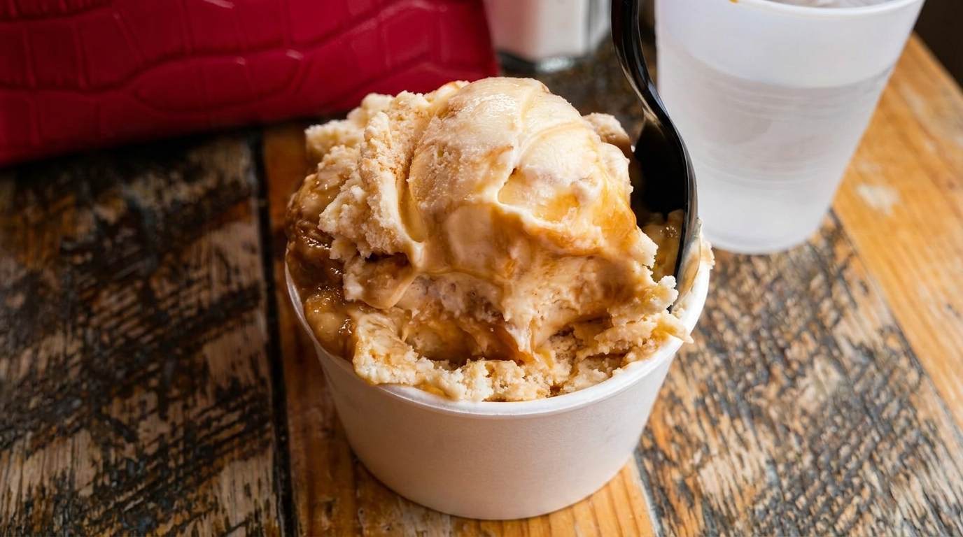 A cup of caramel ice cream with a spoon, next to a red bag and a glass of water.